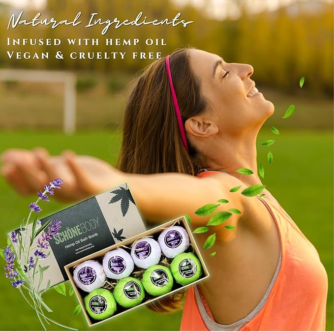 8 Pack Hemp Bath Bombs Set for Muscle Therapy & Relaxation | Large Vegan Fizzy Spa Gift for Women & Men | Natural Lavender, Mint Oils Moisturize Dry Skin & Soothe Stress, Wife Stocking Stuffers Gifts