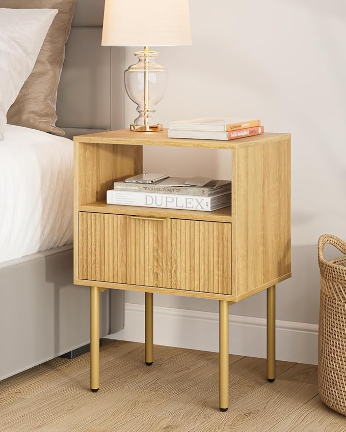 Masupu Night Stand,Mid-Century Modern Bedside Table with Storage Drawer and Open Wood Shelf,Small Gold Frame Side Table for Bedroom,Living Room, Natural