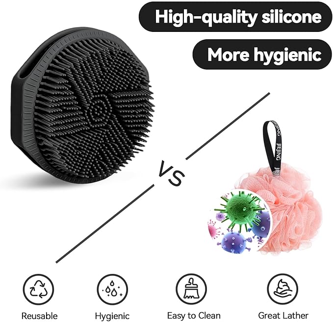 2-Pack Soft Silicone Dual-Sided Body Scrubber & Loofah | Gentle Exfoliating Shower Brush for Men & Women | Creates Rich Lather, Easy to Clean (Black & Pink)