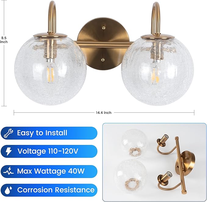 2-Light Bathroom Light Fixtures, Gold Bathroom Lights Over Mirror with Cracked Glass Globe Shade, Modern Vanity Lights for Bathroom Bedroom Living Room Hallway E12 Base(Bulbs Not Included)