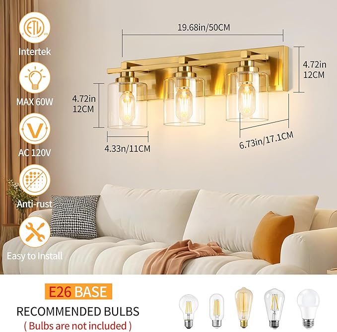 3 Light Modern Bathroom Light Fixtures Over Mirror, Brass Finish Vanity Lights for Bathroom Wall Sconces with Clear Glass Shades, E26 Socket (Bulbs Not Included)
