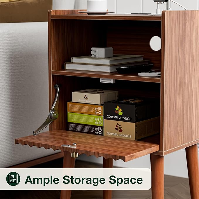Side Table with Charging Station, Modern End Table with Fluted Drawer, Bedside Table, Night Stand with 2 Tiers Storage Space, for Bedroom, Living Room, Walnut