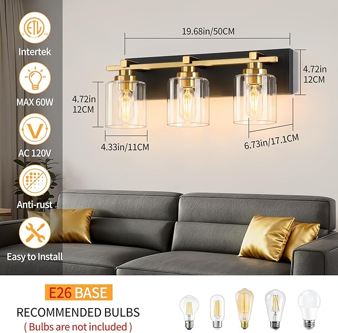3 Light Modern Bathroom Light Fixtures Over Mirror, Black Gold Vanity Lights for Bathroom Wall Sconces with Clear Glass Shades, E26 Socket (Bulbs Not Included)