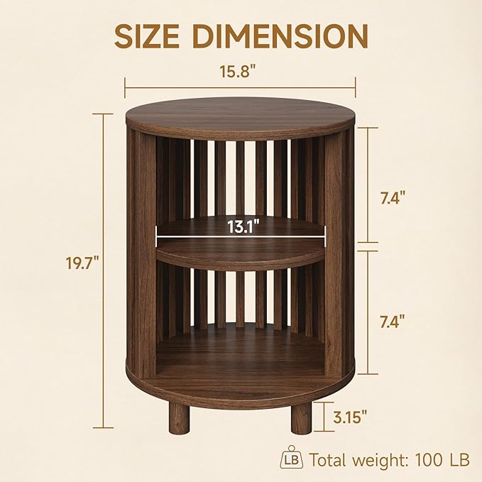 Round End Table, Wood Bedside Table, Mid Century Modern Nightstand with Open Storage Shelf, 3 Tier Small Side Tables for Living Room, Bedroom, Curved Profile Design, Walnut(1-Pack)