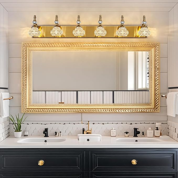 Modern Glass Crystal Vanity Light - Vintage Bathroom Lighting Fixtures Over Mirror 6 Light Vanity Lights G9 Bulb (43.3 Inch, Gold)