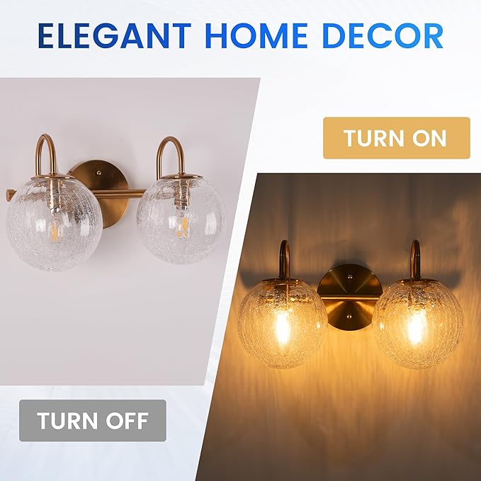 2-Light Bathroom Light Fixtures, Gold Bathroom Lights Over Mirror with Cracked Glass Globe Shade, Modern Vanity Lights for Bathroom Bedroom Living Room Hallway E12 Base(Bulbs Not Included)