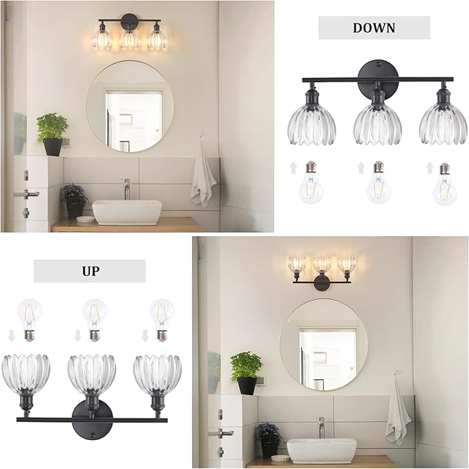 Bathroom Light Fixtures, 3-Light Black Vanity Wall Light Over Mirror with Clear Tulip Glass Shade for Bedroom Living Room (Bulb Not Included)