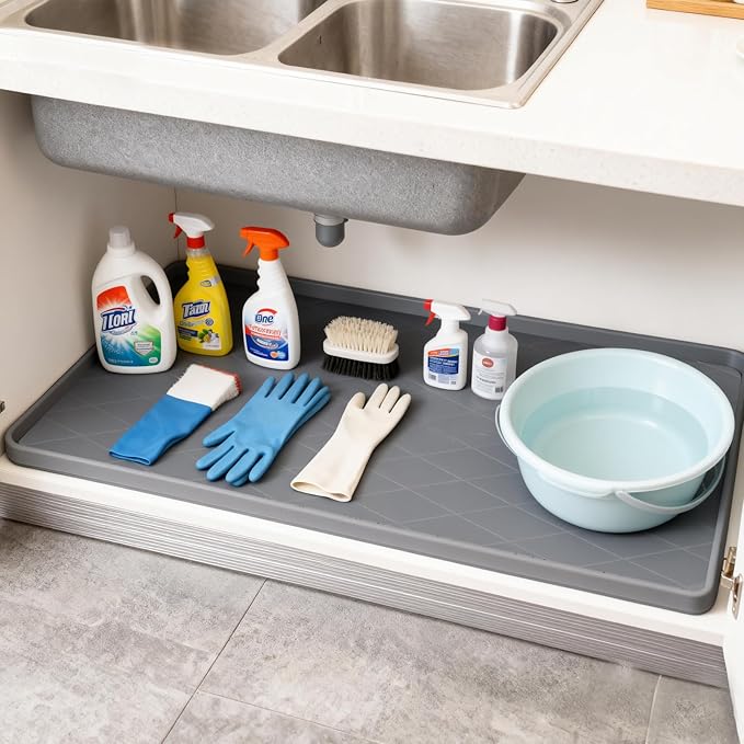 34" x 22" Inch Silicone Sink Mat, Leak-Proof Cabinet Liner with Raised Edge, Non-Slip Kitchen and Bathroom Counter Protector, Heat Resistant Waterproof Easy to Clean Drawer Shelf Liner.