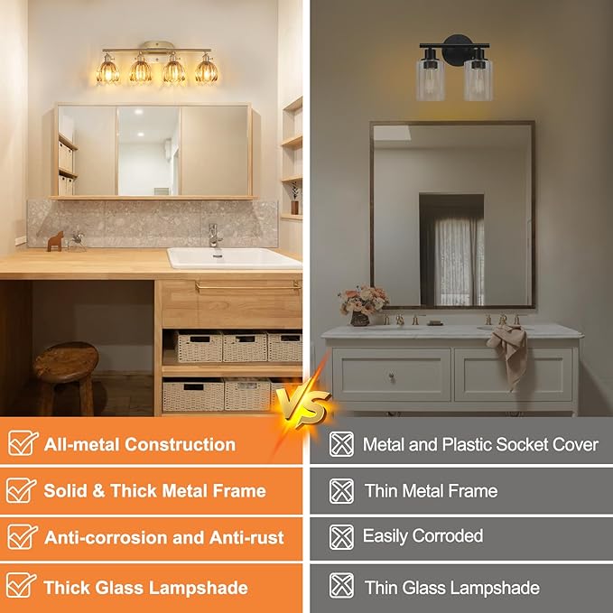 Bathroom Light Fixtures, 4-Light Brass Vanity Wall Light Over Mirror with Amber Tulip Glass Shade for Bedroom Living Room (Bulb Not Included)