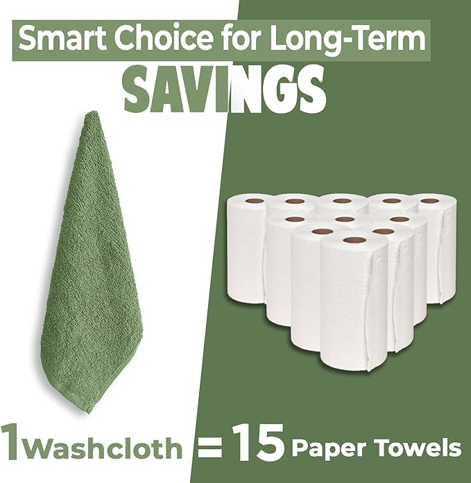 DAN RIVER 24 Pack Wash Cloths for Showering [12x12] - 100% Cotton Washcloths Premium Quality Flannel Face Cloths for Bathroom, Highly Absorbent and Soft Feel Wash Clothes, Sage Green