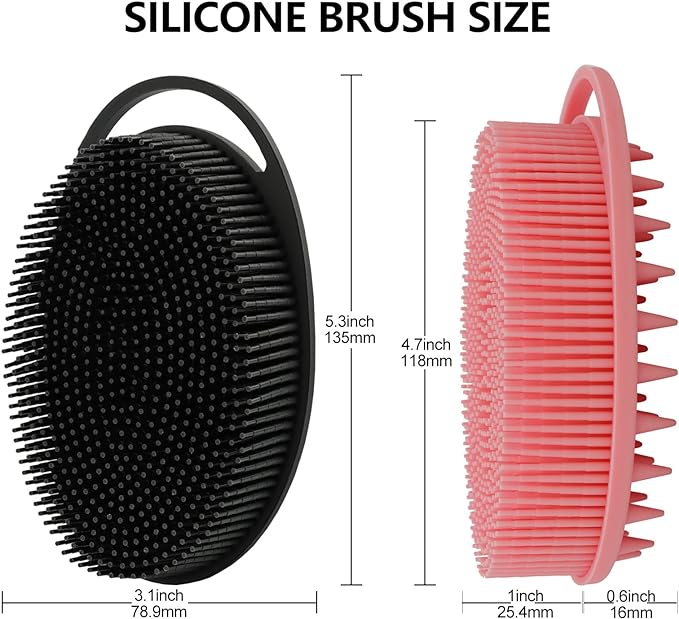 2 Pack Silicone Body Scrubber, Loofah Double-Sided Body Brush,Shower Scrubber and Scalp Massager Shampoo Brush for Sensitive Kids Women Men All Kinds of Skin (Black & Pink)