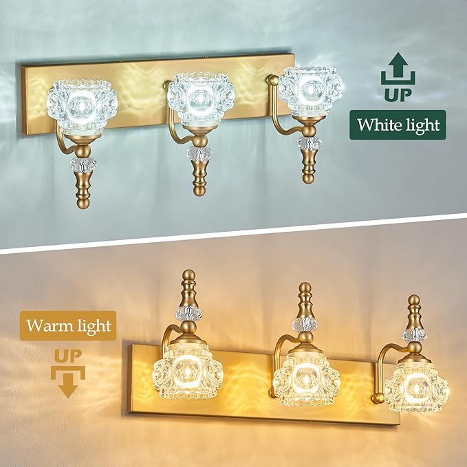 Modern Glass Crystal Vanity Light - Vintage Bathroom Lighting Fixtures Over Mirror, 3 Light Vanity Lights G9 Bulb (19.68 Inch,Brass)