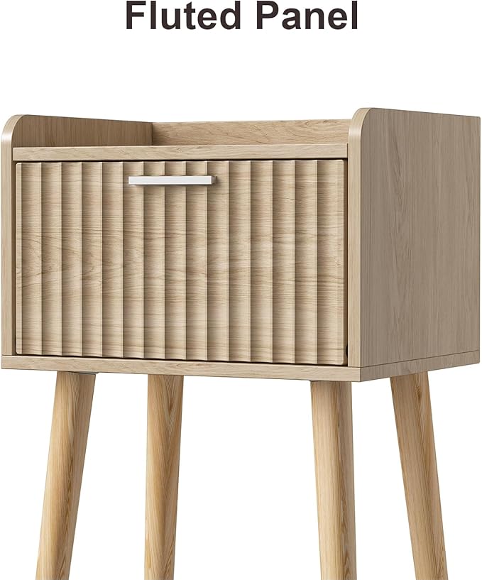 LAATOOREE Nightstand Set of 2, Small Bed Side Table with Fluted Door, End Table with Solid Wood Legs, Mid-Century Bedside Table for Bedroom Small Space