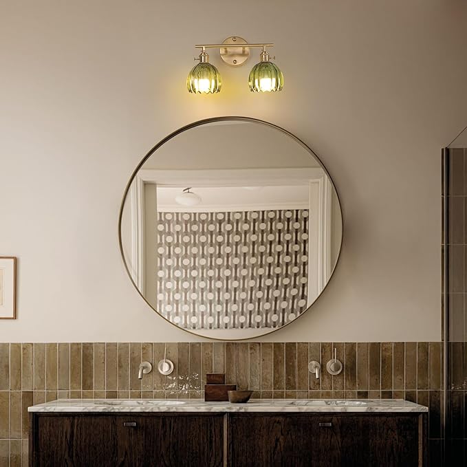 Battery Operated Bathroom Light Fixtures, 2-Light Brass Vanity Wall Light with 5000mAh Rechargeable Bulb Over Mirror with Green Tulip Glass Shade for Bedroom Living Room