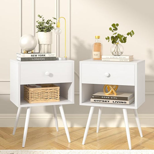VECELO Nightstands Set of 2, Mid Century Modern End Bedside Table, Night Stand with Storage Drawer and 2 Tiers Open Shelf for Small Place, Bedroom, Living Room, Easy Assembly, Pure White