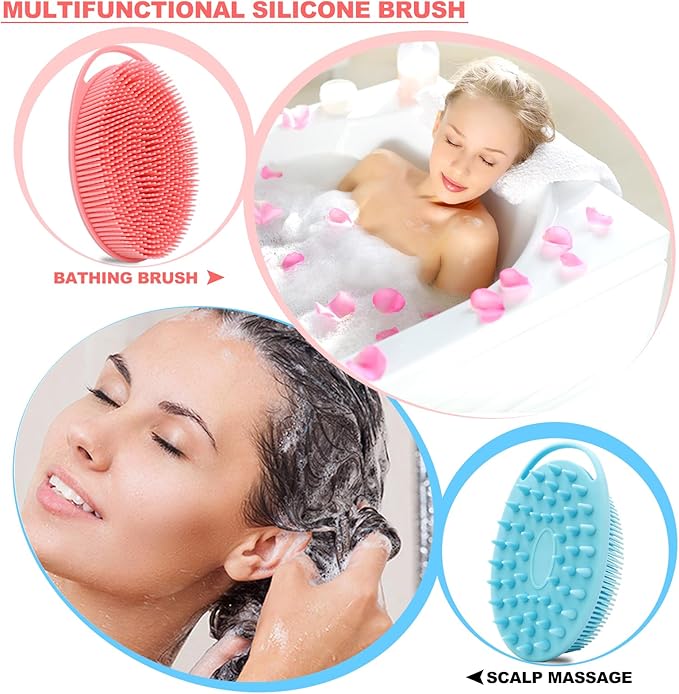 2 Pack Silicone Body Scrubber, Loofah Double-Sided Body Brush,Shower Scrubber and Scalp Massager Shampoo Brush for Sensitive Kids Women Men All Kinds of Skin (Pink & Blue)