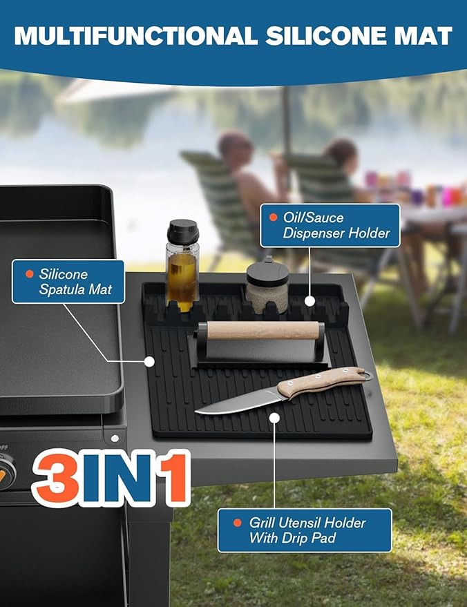 3 in 1 Silicone Griddle Tools Mat for Blackstone, Large Grill Side Shelf Mat, Heat Resistant Silicone Spatula Mat with Drip Pad, Utensil Rest with Drip Pad for Kitchen, Stovetop, Countertop- Black