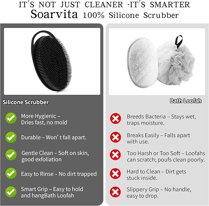 2 Pack Silicone Body Scrubber for Shower - Soft & Gentle Loofah Alternative for Sensitive Skin, Quick-Drying & Hygienic Body Wash Scrubber Brush for Women, Men & Kids (Black & Pink)