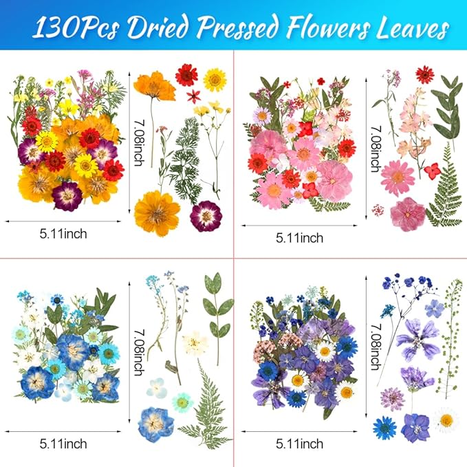 130Pcs Colorful Harmony Dried Pressed Flowers for Resin, Real Pressed Flowers Dry Leaves Bulk Natural Herbs Kit for Scrapbooking DIY Art Crafts, Epoxy Jewelry, Candle, Soap Making, Nails Decor