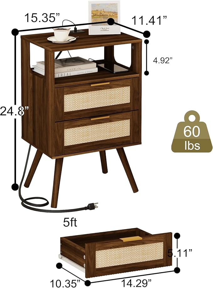 Rattan Nightstand (Walnut Brown-2D)