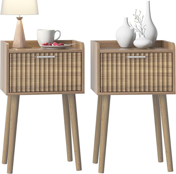 LAATOOREE Small Nightstand Set of 2, Side End Table with Fluted Door, Bedside Table with Solid Wood Legs, Mid-Century, for Bedroom, Small Beds