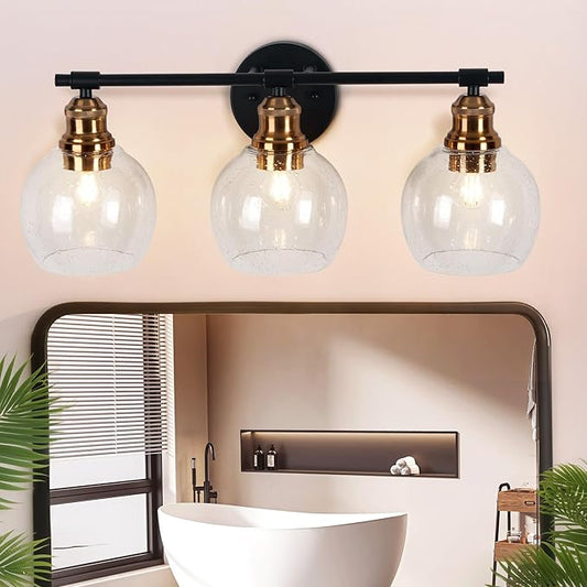 3 Light Bathroom Vanity Light, Black and Gold Bathroom Light Fixtures, Sconces Wall Lighting with Seeded Glass Shade, Modern Brushed Gold Vanity Lights for Bathroom, Bedroom, Hallway