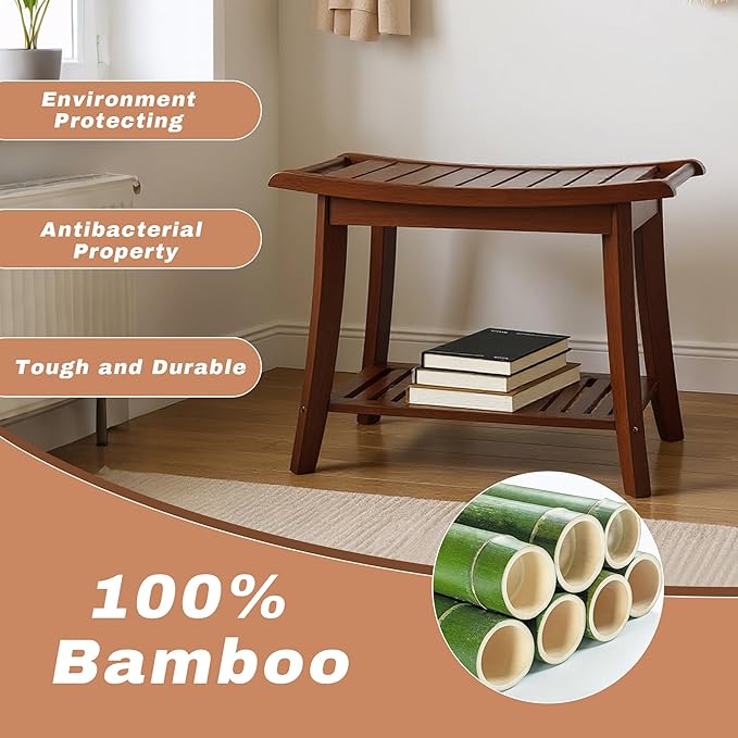 Bamboo Shower Bench Stool,24" Shower Chair Seat Non-Slip,Waterproof Bathroom Bench with Storage Shelf for Adults,Elderly, Disabled Indoor&Outdoor Use (Walnut)