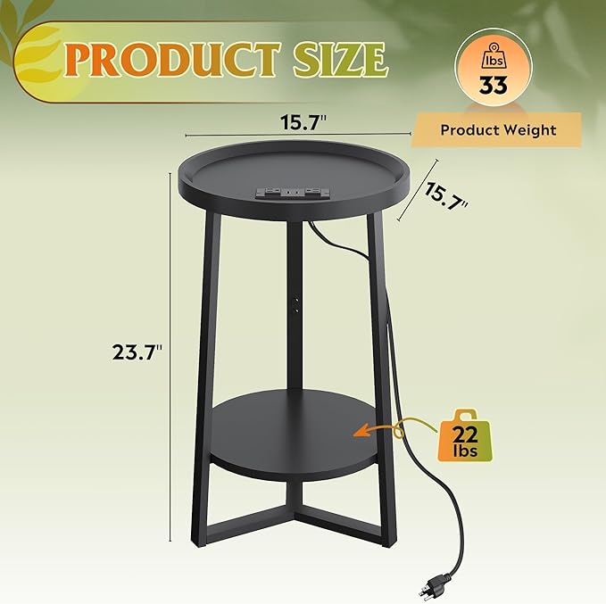 WLIVE Round End Table, 2 Tier Side Table with Charging Station, Round Nightstand with Storage Shelf, Small Spaces, Living Room/Bedroom, Wood Tabletop & Metal Frame, Black