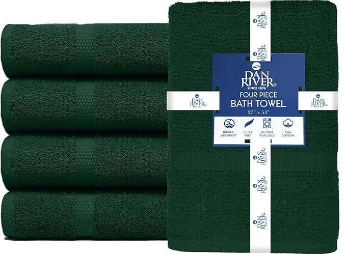 DAN RIVER Bath Towels Set of 4, 27 x 54 Inches, 100% Cotton, Larger & Lighter Weight, Quicker to Dry, Super Soft and Absorbent, Ideal Hotel Towels for Daily Use, Huntergreen