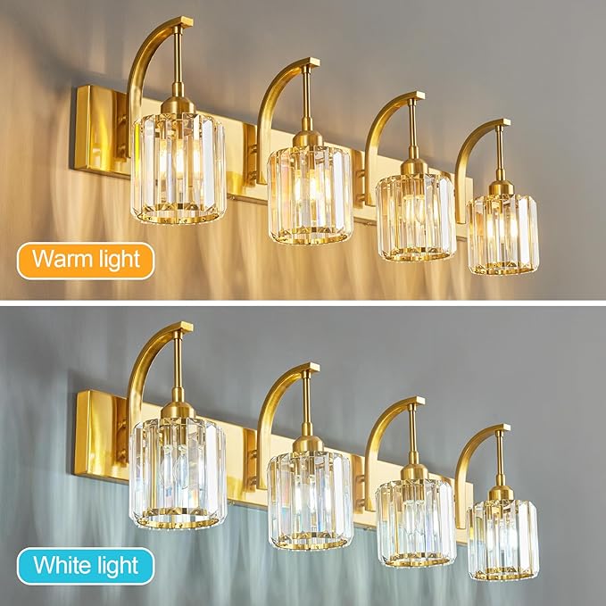 4-Light Crystal Vanity Light, Modern Gold Bathroom Wall Sconce with K9 Crystal Shades, 32.67" Long Over Mirror Lighting for Vanity, Makeup, Hallway, Elegant & Easy Install