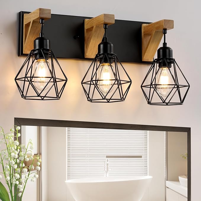 3-Light Farmhouse Bathroom Vanity Light Fixtures, Wood Bathroom Light Over Mirror, Rustic Sconces Wall Lighting with Elegant Metal Lampshade for Living Room, Bedroom, Hallway