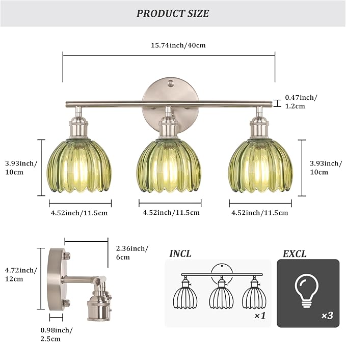 Bathroom Light Fixtures, 3-Light Vanity Wall Light Over Mirror with Green Tulip Glass Shade for Bedroom Living Room (Bulb Not Included), Satin Nickel