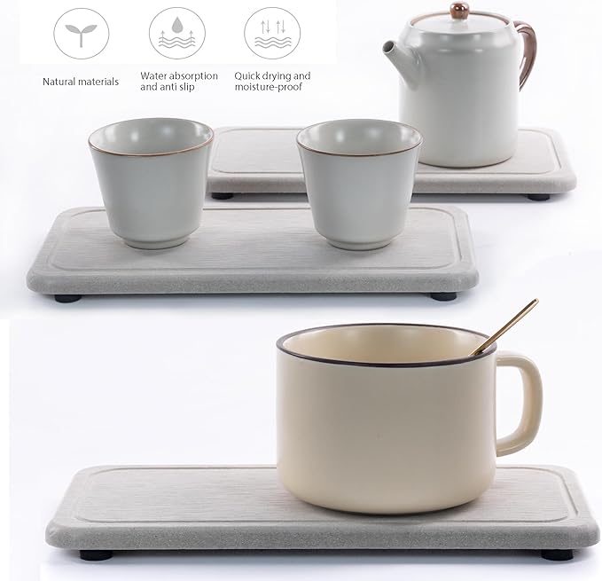 2 Pcs Water Absorbing Stone Trays, Kitchen/Bathroom Sink Soap Dish, Diatomite Tray Used for Hand Soap & Cosmetic Bottles in The Modern Home, 4" W x 8.3" L, Gray