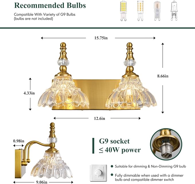 Vintage Bathroom Vanity Light, 2-Light Gold Vanity Lighting Fixture with Flower Glass Shade, Bathroom Lighting Fixtures Over Mirror