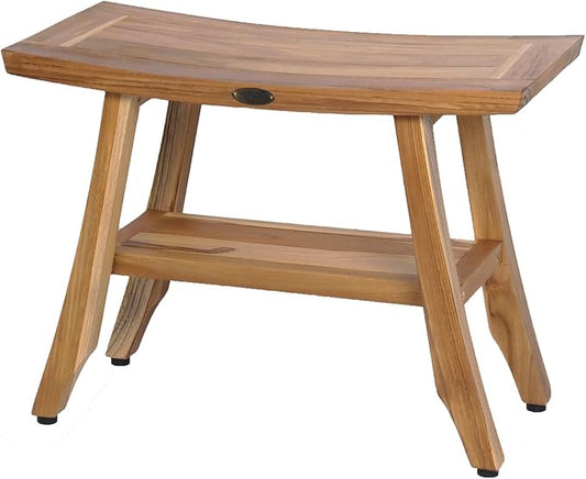 EcoDecors 24 Inch Satori Natural Teak Waterproof Teak Wood Shower Bench Stool Seat Chair for Inside Shower Provides Safety, Storage, and Organization for Bathroom Accessories