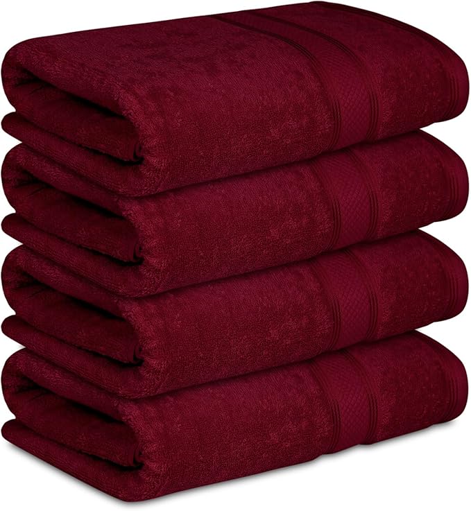 Casa Lino Burgundy Bath Towels Set of 4 (54" x 27") - Large Bathroom Towel Set - 100% Cotton Towels for Bathroom - Highly Absorbent & Quick Dry Bath Towel Multipack - New Apartment Essentials