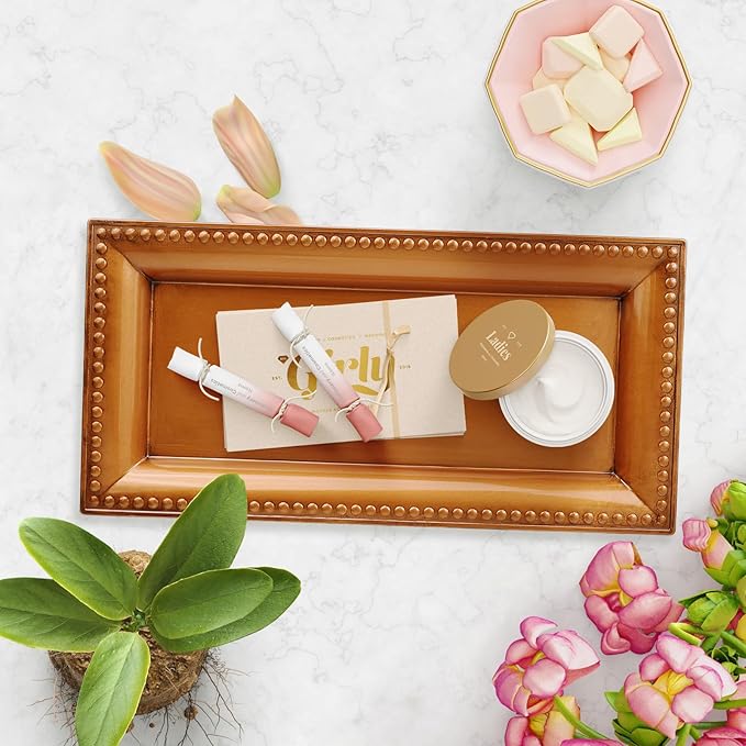 2 Pack Bronze Bathroom Vanity Tray for Countertop with Beads, Small Plastic Toilet Tank Versatile Storage Organization Tray for Makeup, Perfume, Desk, Kitchen, Candles, 14"x7"x1", 36GT