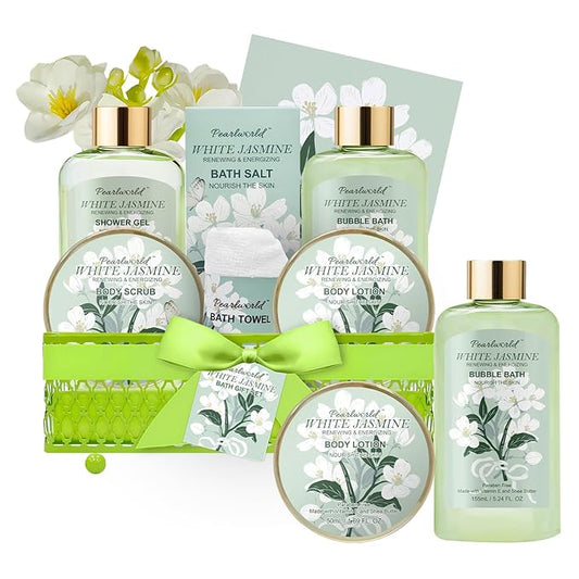 Bath Gift Baskets for Women, 9pc Jasmine Spa Gifts Set for Women, Self Care & Body Relaxing, Birthday Gift Basket, Mother's Day Gifts, Christmas, Anniversary Bath Gift Set