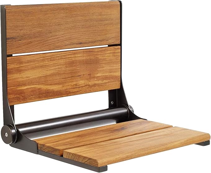 Folding Shower Seat Wall Mounted with Back | 500 lbs Maximum Load Capacity | ADA Compliant Safety Assist Teak Shower Seat for Seniors, Handicapped, and Children | 304 Stainless Steel Frame | 18” x 16”