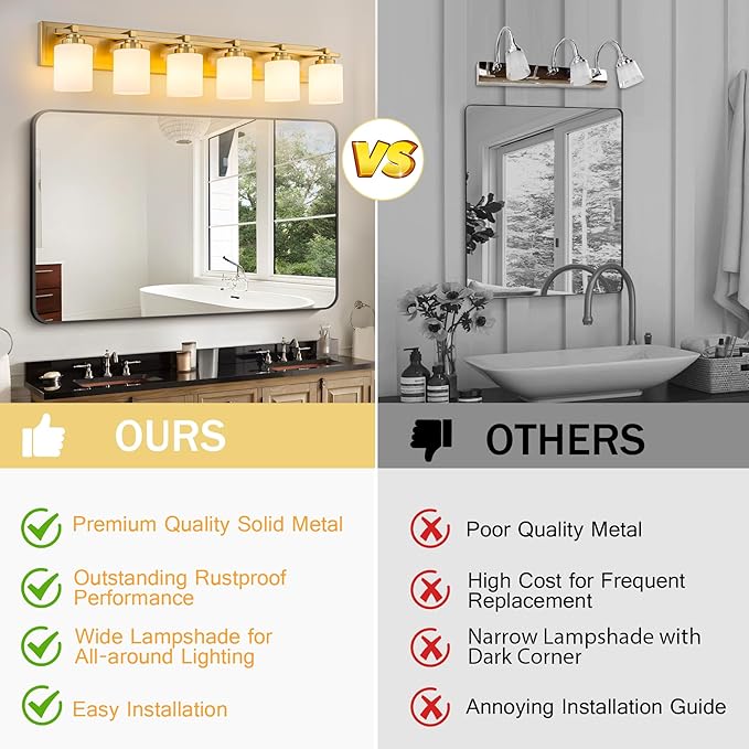6 Light Modern Bathroom Light Fixtures Over Mirror, Brass Finish Vanity Lights for Bathroom Wall Sconces with Milky White Glass Shades, E26 Socket (Bulbs Not Included)