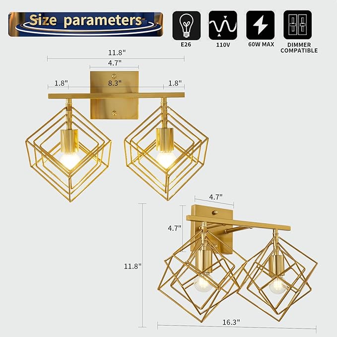 Bathroom Vanity Light with 2 Bulbs Bathroom Light Fixtures Over Mirror with Rotatable 2 Cube Shades Modern Wall Mounted Brushed Brass