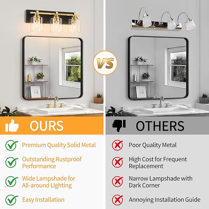 3 Light Modern Bathroom Light Fixtures Over Mirror, Black Gold Vanity Lights for Bathroom Wall Sconces with Clear Glass Shades, E26 Socket (Bulbs Not Included)