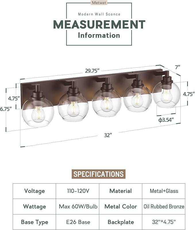 Bathroom Light Fixtures Over Mirror, 5-Light Oil Rubbed Bronze Bathroom Vanity Light with Globe Clear Glass Shade, 32 Inch Modern Sconces Wall Lighting, VL195-ORB-5