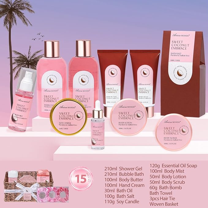 Gift Baskets for Women, Spa Gifts for Women - 17pcs Coconut Spa Gift Set with Body Lotion, Bubble Bath, Relaxing Bath Set, Birthday Christmas Gifts for Her