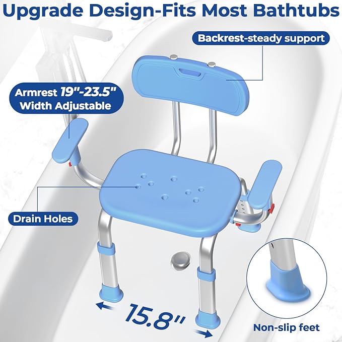 KingPavonini Shower Chair for Inside Shower with Arms and Back, Height & Width Adjustable Heavy Duty Shower Seat for Inside Tub(550 lb), Shower Chair for Elderly and Disabled