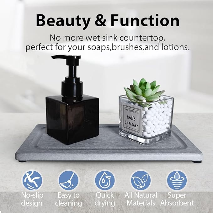 2 PCS Water Absorbing Stone Trays for Bathroom Sink & Kitchen Counter, Fast-Drying Diatomite Sink Coasters, Vanity Tray, Hand Soap Holder with Anti-Skid Pads (9.5" x 4.7" Gray)