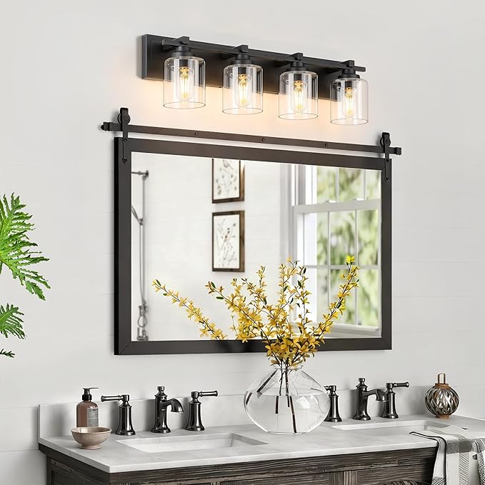 4 Light Modern Bathroom Light Fixtures Over Mirror, Black Vanity Lights for Bathroom Wall Sconces with Clear Glass Shades, E26 Socket (Bulbs Not Included)