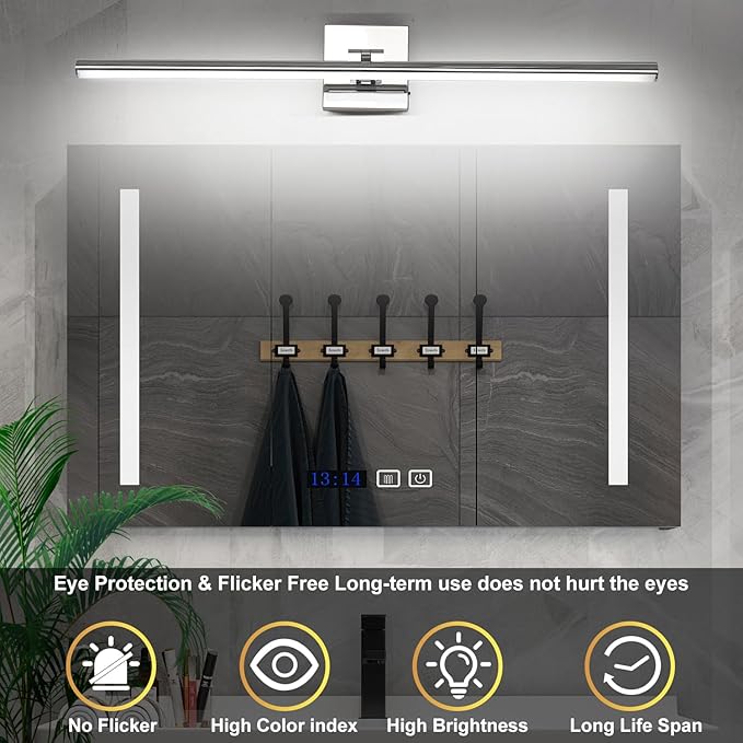 32 Inch LED Bathroom Vanity Light (3000K/4000K/6000K, Dimmable), Chrome Modern Bathroom Light Fixture Over Mirror, Vanity Light Bar with Angle Adjustable