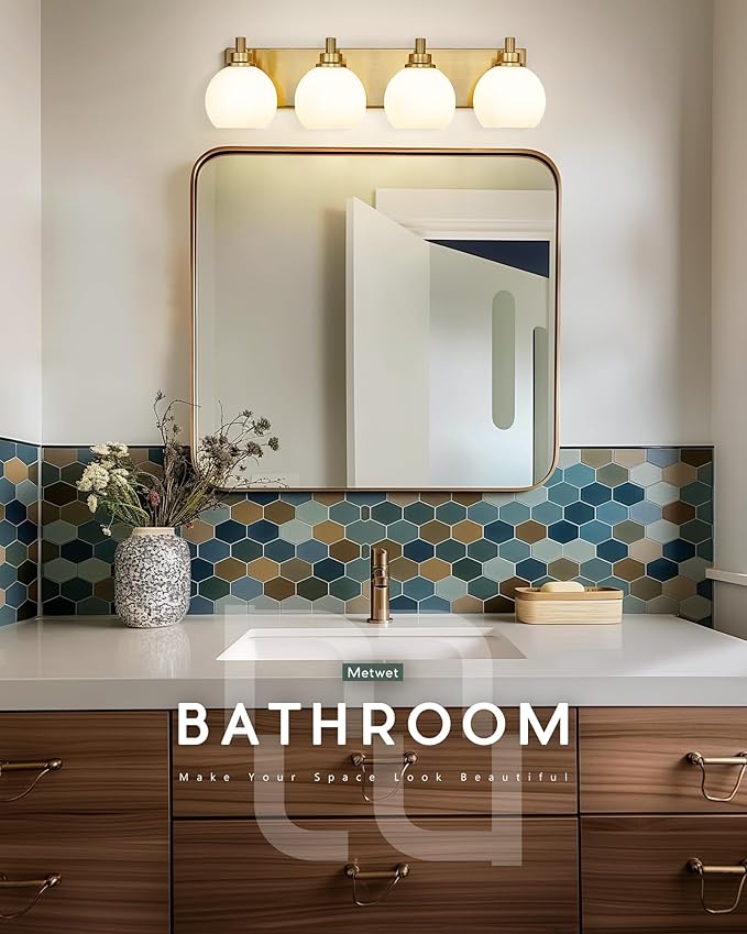 Bathroom Light Fixtures, 4 Light Brushed Gold Vanity Light, 26 Inch Modern Wall Sconces with Globe Milk White Glass Shade, Vanity Lighting Fixtures Over Mirror, VL195-BG-ML-4