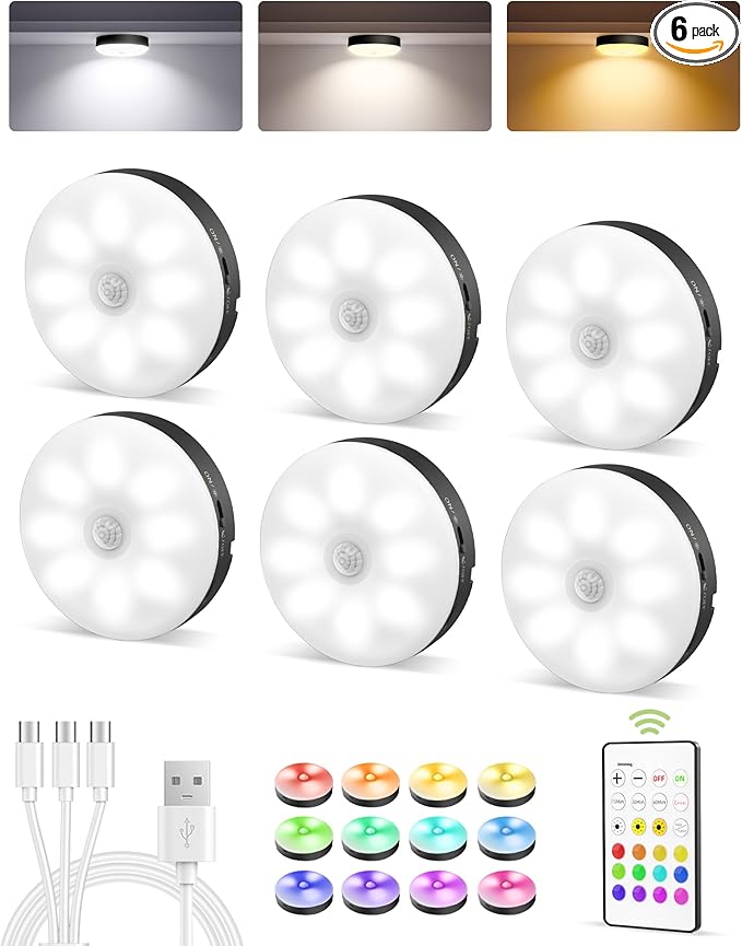 EZVALO Under Cabinet Lighting,1000mAh Rechargeable Puck Lights with Remote,3 Color Temps & 12 RGB Motion Sensor Closet Lights Indoor, Dimmable Under Counter Lights for Kitchen, Shelf Black (6 Packs)